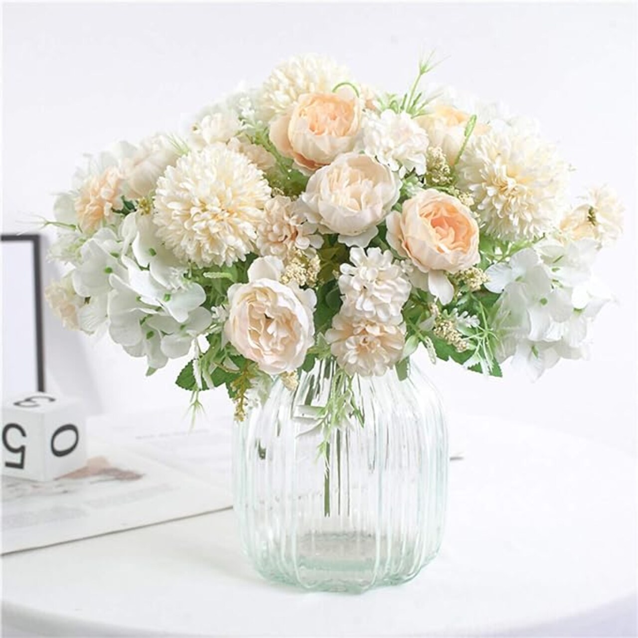 Artificial Flower Bunches, Fake Peony Silk Hydrangea Bouquet, Table Wedding Decor, Faux Flower Arrangements, White Champagne
